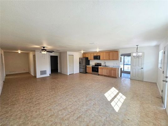 Chandelier, Empty room, Interior, Kitchen, Stainless Steel Appliances