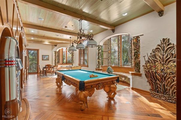 Billiard Table, Chandelier, Game Room, Interior, Pendant Lights, Recessed Lighting, Wooden Beams, Wooden Ceilings, Wood Texture Flooring