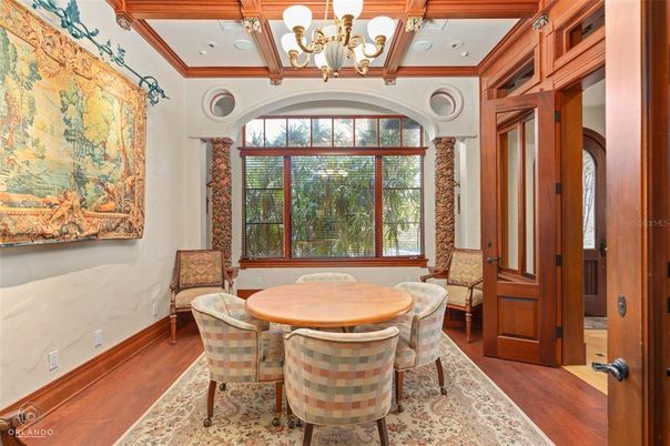 Chandelier, Dining room, Interior, Recessed Lighting, Wooden Beams, Wood Texture Flooring