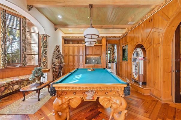 Billiard Table, Game Room, Interior, Pendant Lights, Recessed Lighting, Wooden Beams, Wooden Ceilings, Wood Texture Flooring, Wooden Walls