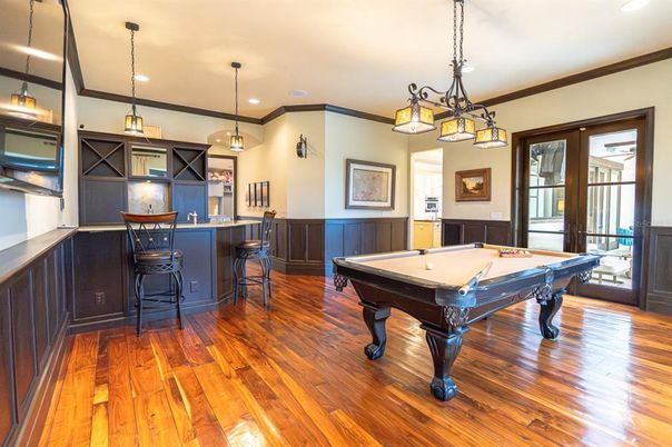 Billiard Table, Game Room, Interior, Pendant Lights, Recessed Lighting, Wood Texture Flooring