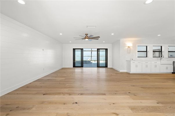 Empty room, Interior, Kitchen, Recessed Lighting, Wood Texture Flooring