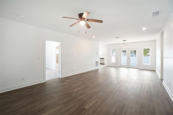 Empty room, Interior, Pendant Lights, Recessed Lighting, Wood Texture Flooring