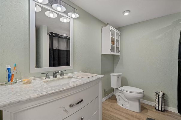 Bathroom, Interior, Recessed Lighting, Wood Texture Flooring