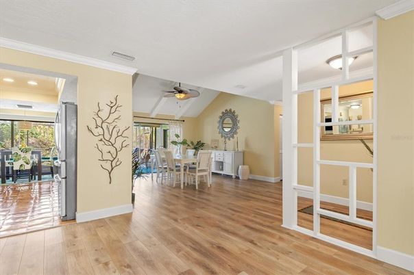 Dining room, Interior, Recessed Lighting, Wood Texture Flooring