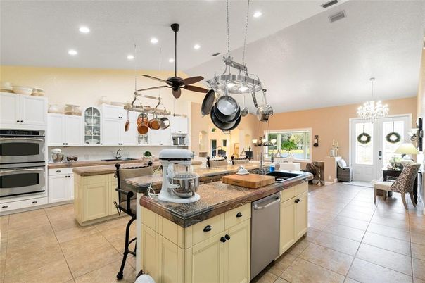 Chandelier, Interior, Kitchen, Living room, Pendant Lights, Recessed Lighting, Stainless Steel Appliances