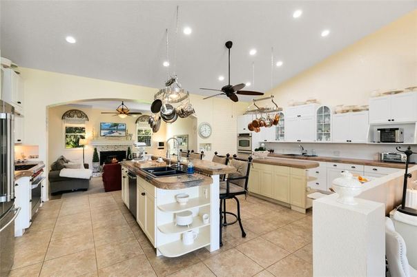 Fireplace, Interior, Kitchen, Living room, Pendant Lights, Recessed Lighting