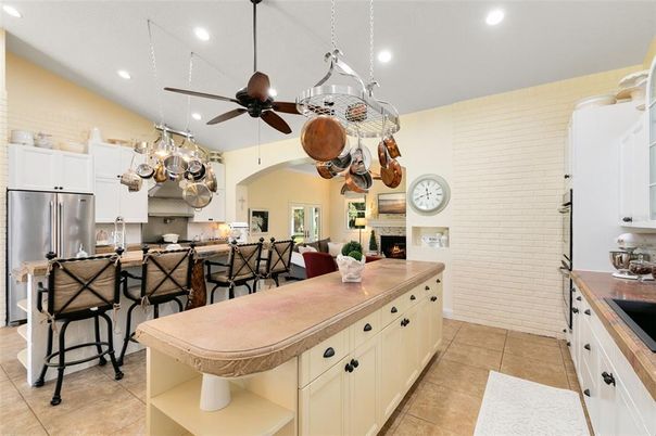Fireplace, Interior, Kitchen, Pendant Lights, Recessed Lighting, Stainless Steel Appliances