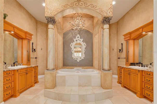 Bathroom, Chandelier, Dual Sink Vanities, Interior, Recessed Lighting
