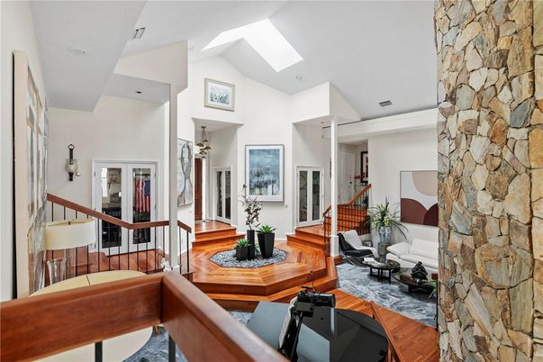 Interior, Recessed Lighting, Stone Walls, Wood Texture Flooring
