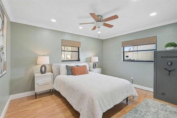 Bedroom, Interior, Recessed Lighting, Wood Texture Flooring