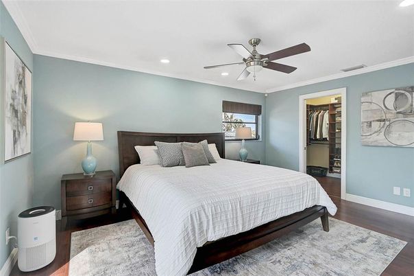 Bedroom, Interior, Recessed Lighting, Wood Texture Flooring