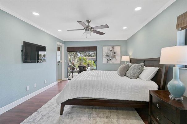 Bedroom, Interior, Recessed Lighting, Wood Texture Flooring