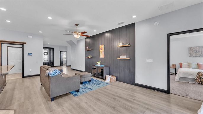 Bedroom, Interior, Recessed Lighting, Wood Texture Flooring