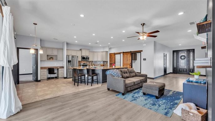 Interior, Kitchen, Living room, Pendant Lights, Recessed Lighting, Stainless Steel Appliances, Wood Texture Flooring