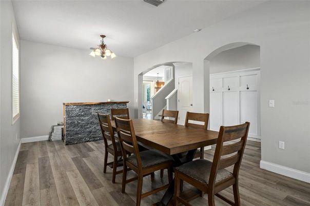 Chandelier, Dining room, Interior, Wood Texture Flooring