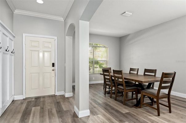 Dining room, Interior, Recessed Lighting, Wood Texture Flooring