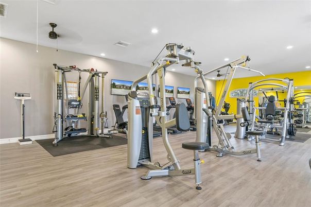 Fitness Equipment, Gym, Interior, Recessed Lighting, Wood Texture Flooring