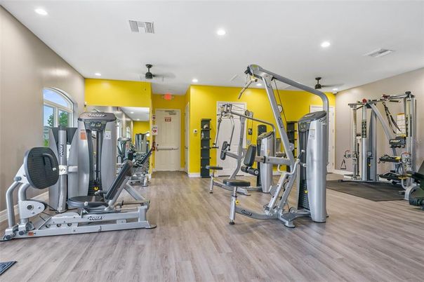 Fitness Equipment, Gym, Interior, Recessed Lighting, Wood Texture Flooring