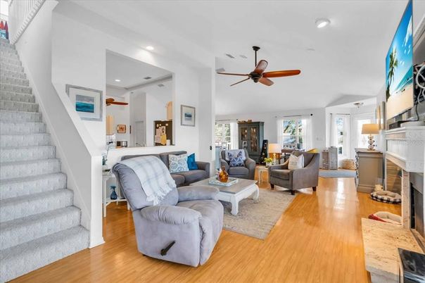 Fireplace, Interior, Living room, Recessed Lighting, Wood Texture Flooring