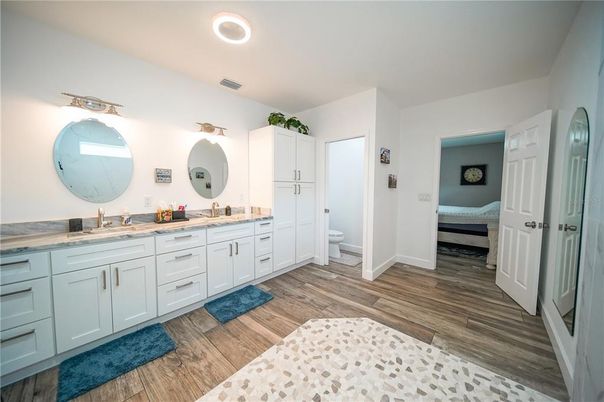 Bathroom, Dual Sink Vanities, Interior, Wood Texture Flooring