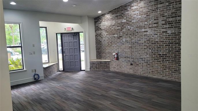 Interior, Recessed Lighting, Stone Walls, Wood Texture Flooring