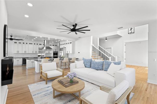 Dining room, Interior, Kitchen, Living room, Pendant Lights, Recessed Lighting, Stainless Steel Appliances, Wood Texture Flooring