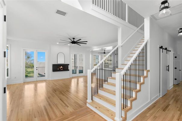 Fireplace, Interior, Recessed Lighting, Wood Texture Flooring