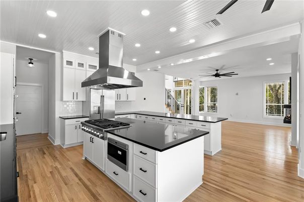 Interior, Kitchen, Recessed Lighting, Stainless Steel Appliances, Wood Texture Flooring