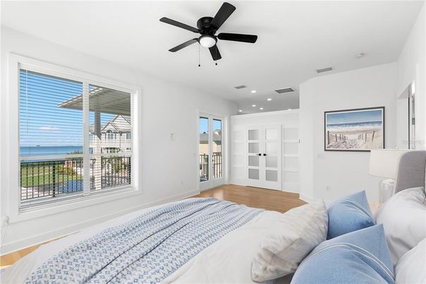 Bedroom, Interior, Recessed Lighting, Water, Wood Texture Flooring
