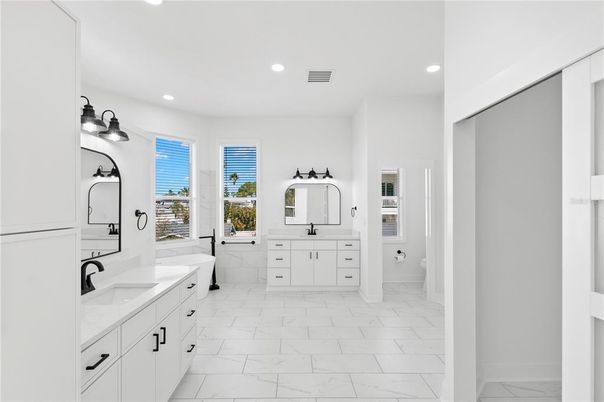 Bathroom, Dual Sink Vanities, Interior, Marble, Recessed Lighting