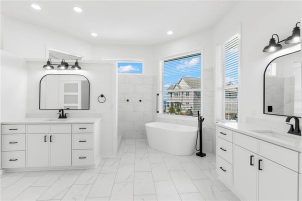 Bathroom, Dual Sink Vanities, Free Standing Baths, Interior, Marble, Marble Walls, Recessed Lighting
