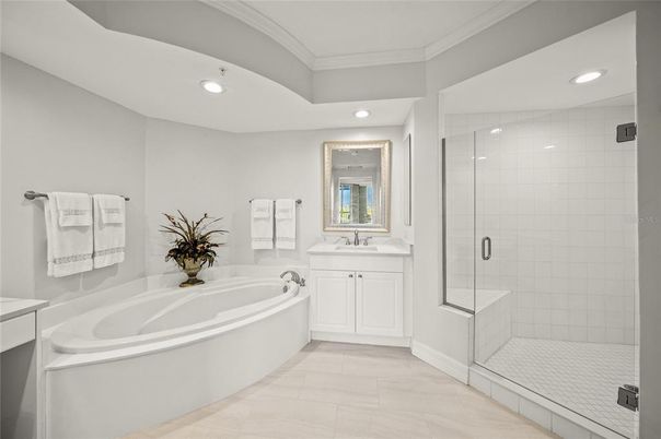 Bathroom, Dual Sink Vanities, Glass Shower, Interior, Recessed Lighting