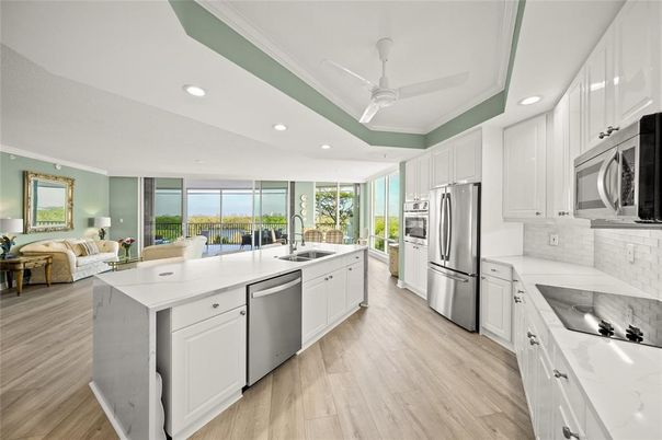 Interior, Kitchen, Living room, Recessed Lighting, Stainless Steel Appliances, Wood Texture Flooring