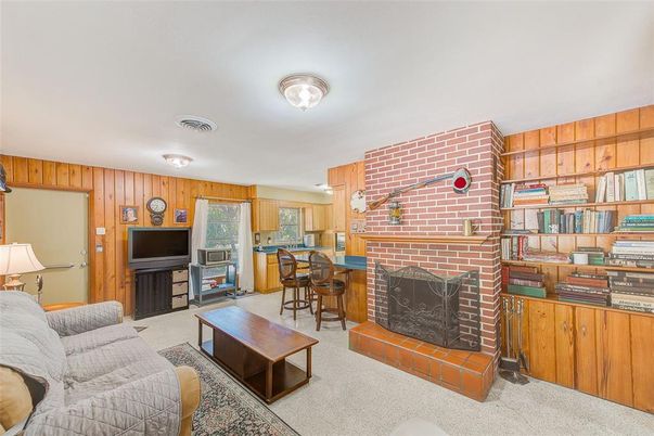 Fireplace, Interior, Kitchen, Living room, Stone Walls, Wooden Walls