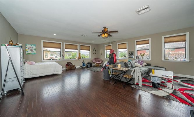 Bedroom, Interior, Living room, Recessed Lighting, Wood Texture Flooring