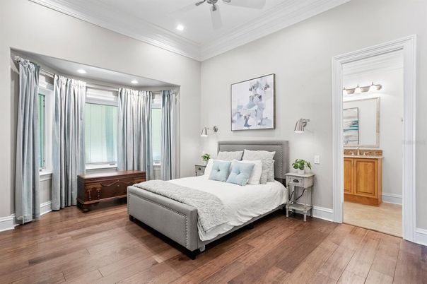 Bedroom, Interior, Recessed Lighting, Wood Texture Flooring