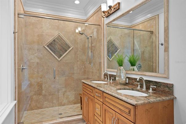 Bathroom, Dual Sink Vanities, Glass Shower, Interior, Recessed Lighting