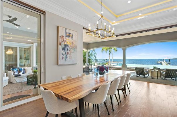 Dining room, Interior, Pendant Lights, Recessed Lighting, Water, Wood Texture Flooring