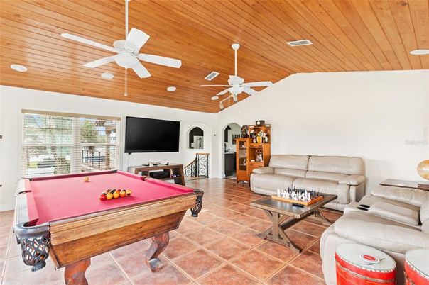 Billiard Table, Game Room, Interior, Living room, Recessed Lighting, Wooden Ceilings