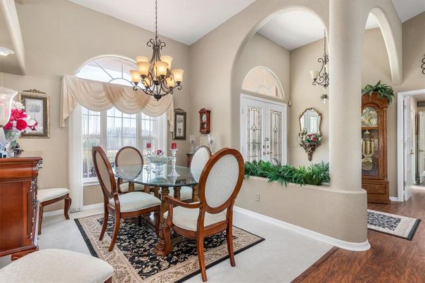 Chandelier, Dining room, Interior, Wood Texture Flooring