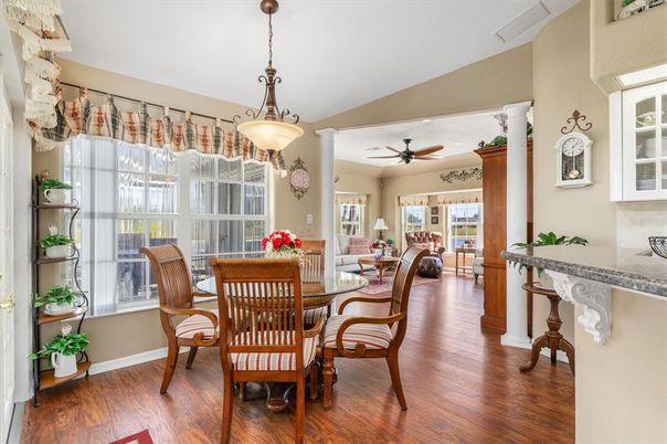 Dining room, Interior, Pendant Lights, Wood Texture Flooring