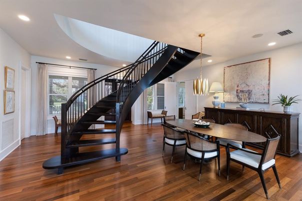 Dining room, Interior, Pendant Lights, Recessed Lighting, Wood Texture Flooring