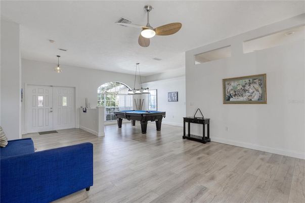 Billiard Table, Game Room, Interior, Pendant Lights, Wood Texture Flooring