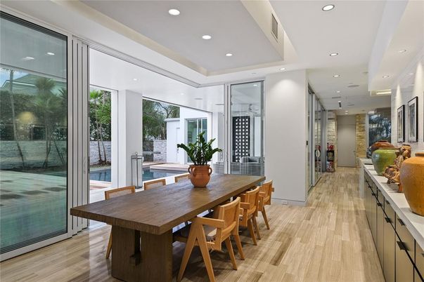 Dining room, Interior, Recessed Lighting, Wood Texture Flooring