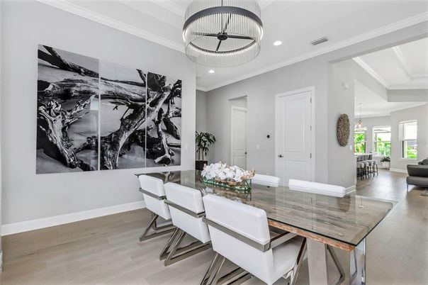 Dining room, Interior, Pendant Lights, Recessed Lighting, Wood Texture Flooring