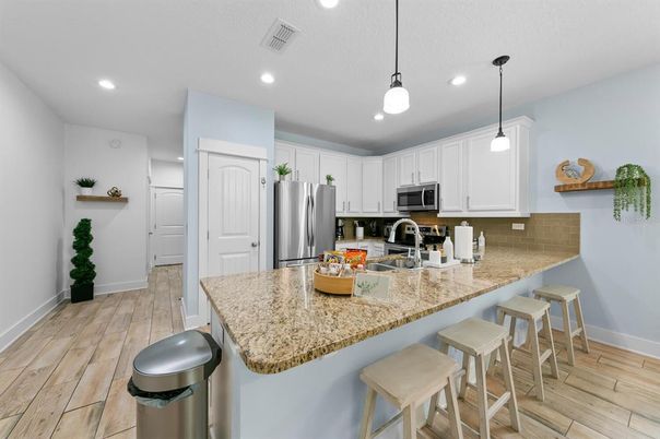 Interior, Kitchen, Pendant Lights, Recessed Lighting, Stainless Steel Appliances, Wood Texture Flooring