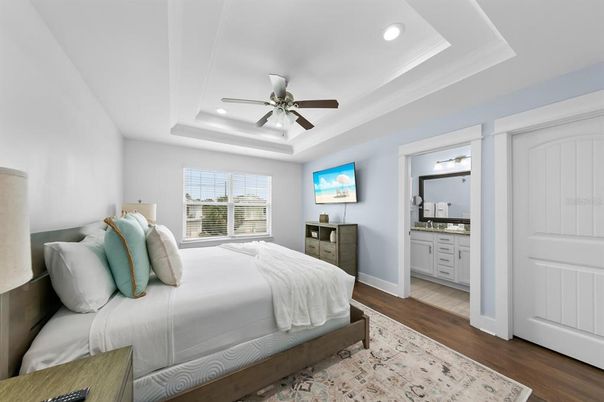 Bedroom, Interior, Recessed Lighting, Wood Texture Flooring
