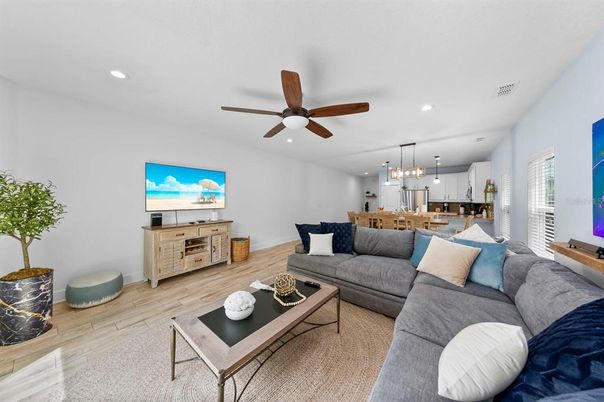 Dining room, Interior, Kitchen, Living room, Pendant Lights, Recessed Lighting, Wood Texture Flooring