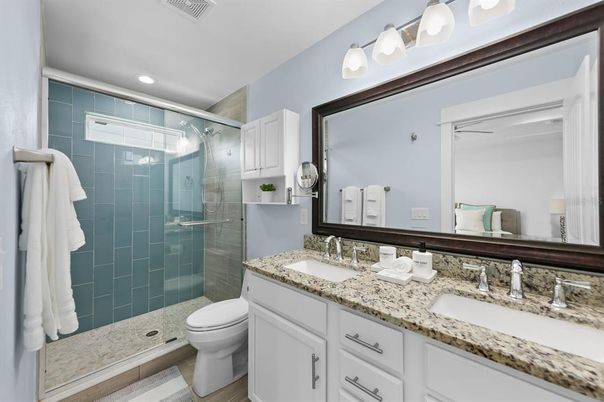 Bathroom, Dual Sink Vanities, Glass Shower, Interior, Recessed Lighting